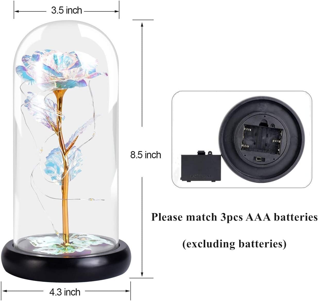 Colorful Artificial Flower Rose w/LED Lamp in Glass Dome Great Gift Idea! NEW