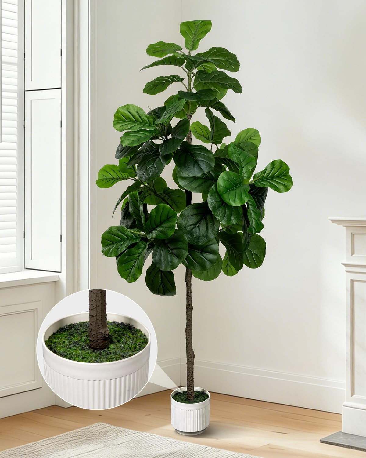 1 PCS Artificial Fiddle Leaf Fig Tree 6 ft Fake Faux Ficus White Planter Pot