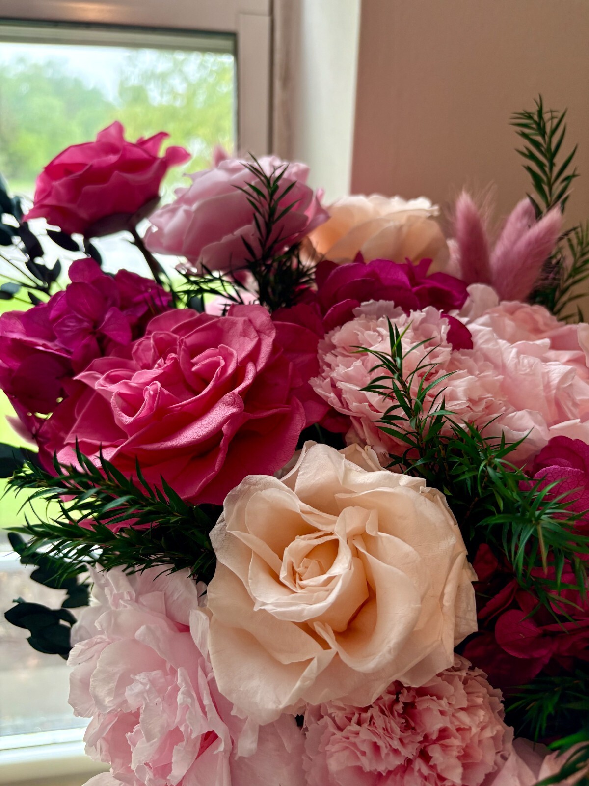 Preserved Flower Bouquet in Pink Raspberry Hat Box, Real Flowers, Lasts 1+ Year