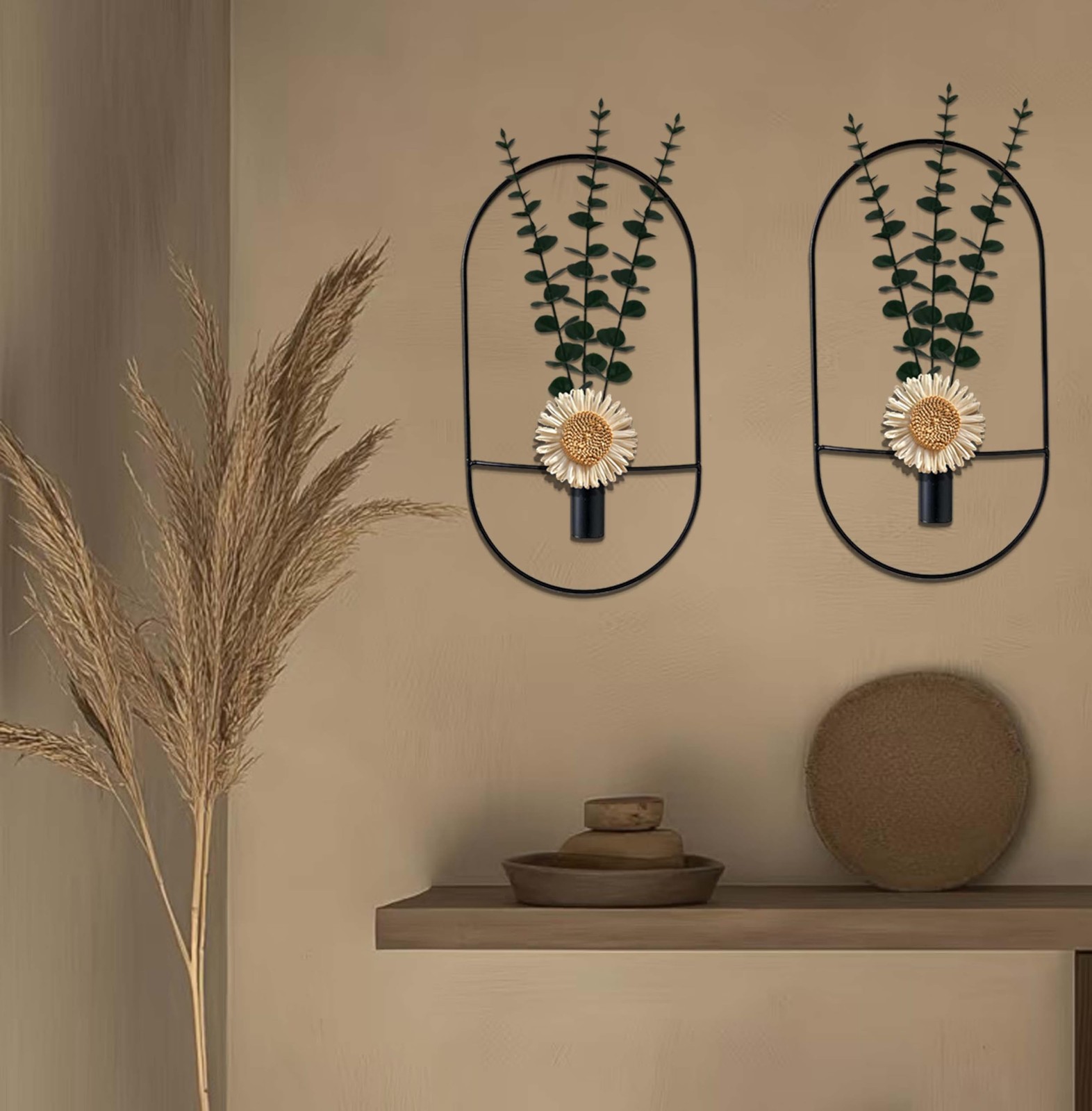 2 Pack Black Metal Wall Hanging Vase with Artificial Plants, Metal Plants Dec…