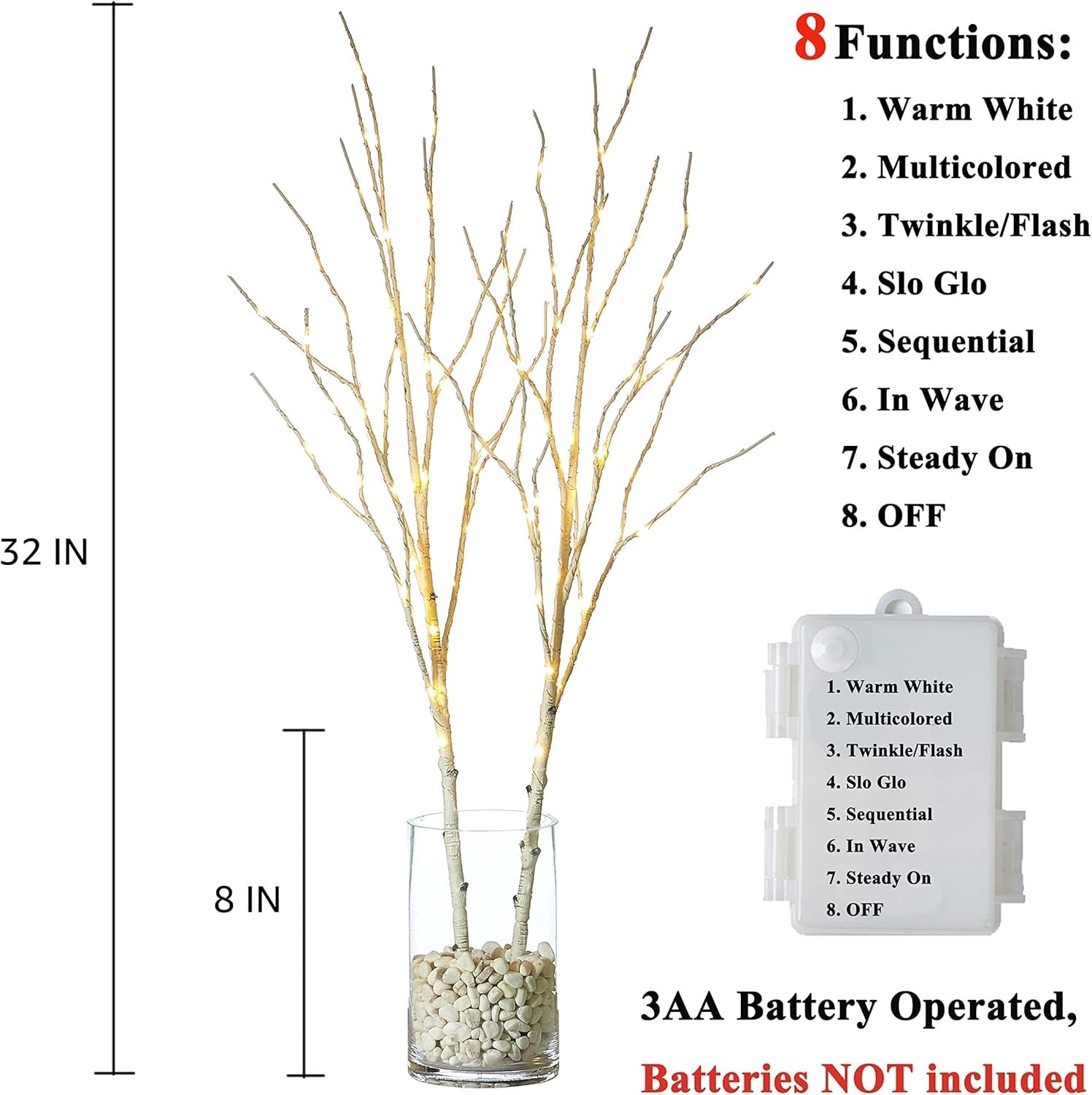 Waterproof 30-inch Lighted Birch Branches – 8 Functions for -Round Elegance