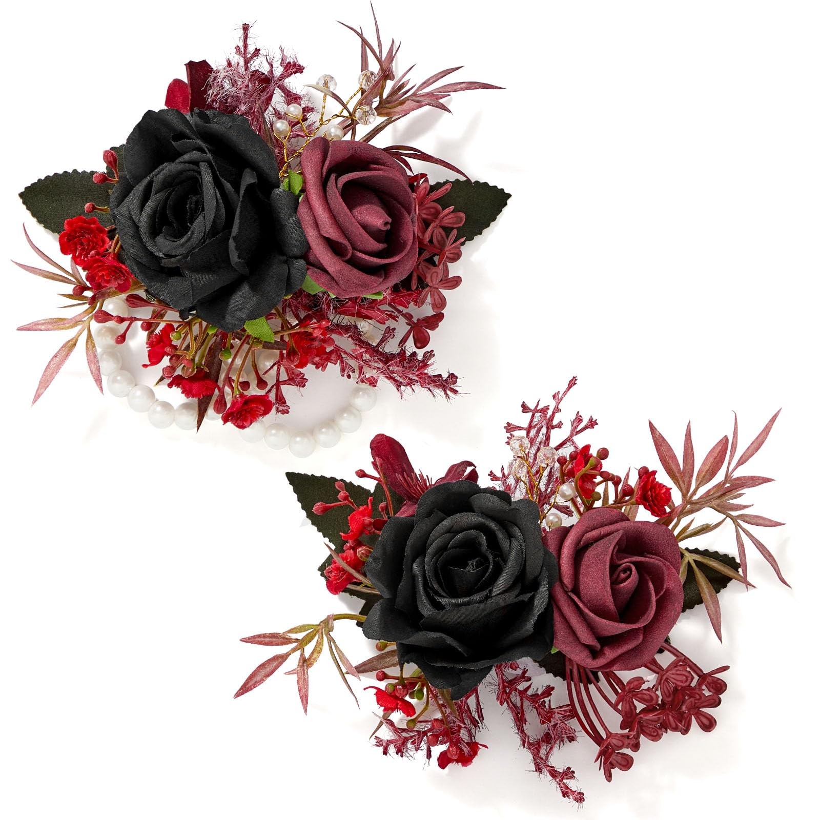 2 PCS Black Burgundy Wrist Corsage Boutonniere Set 67 Inch Wedding Prom Suit
