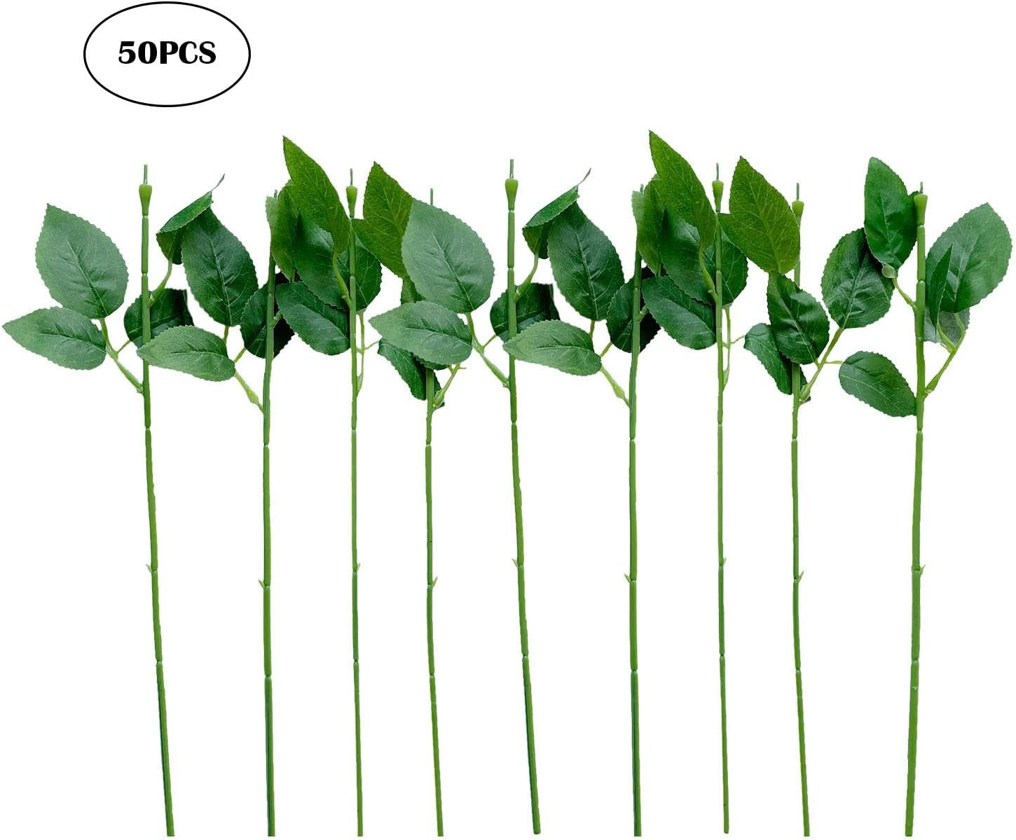 Yesok 50Pcs Floral Wire Stem with Leaves Artificial Plastic Rose Floral Wire
