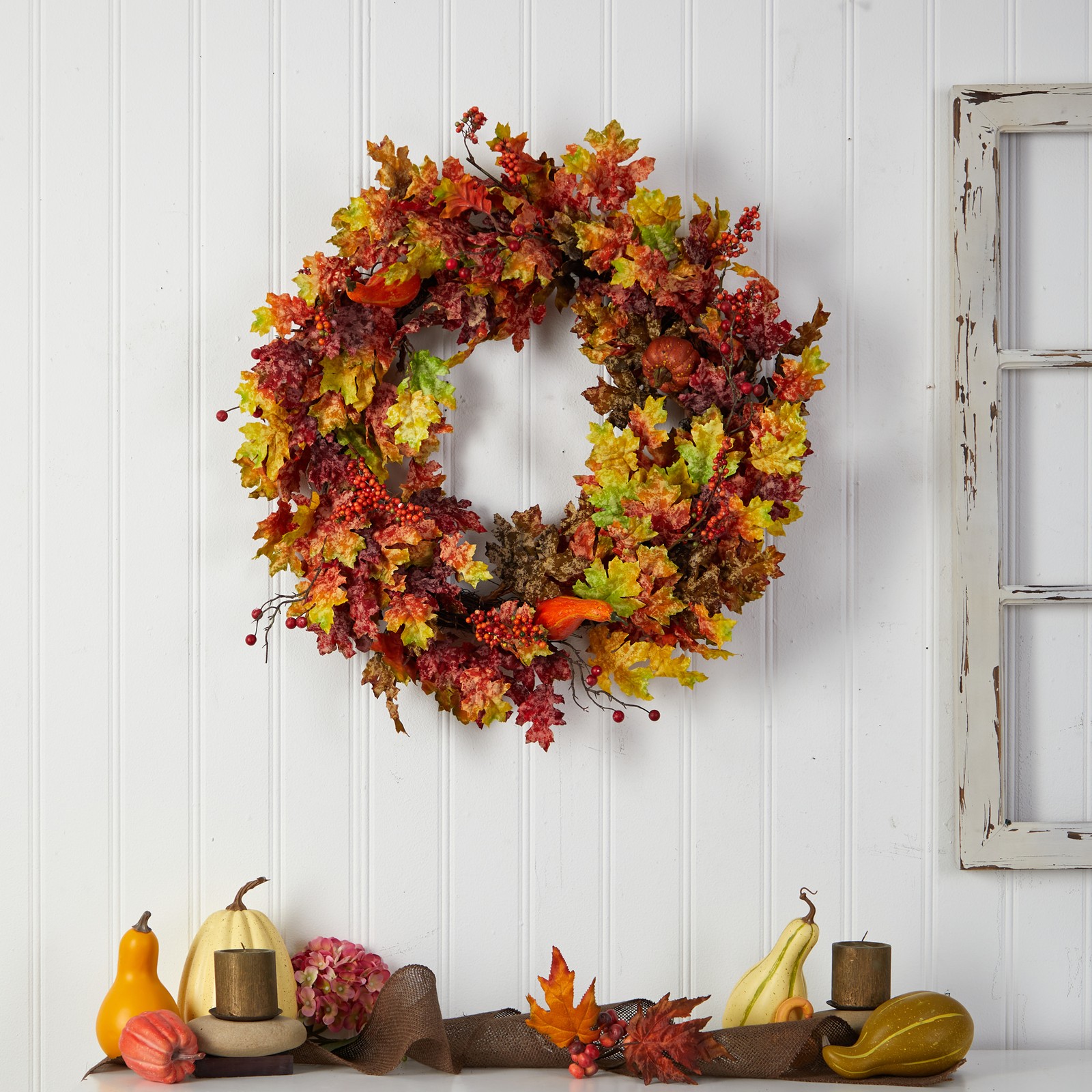 32″ Autumn Oak Leaf/Berries and Pumpkin Artificial Autumn Wreath in Orange