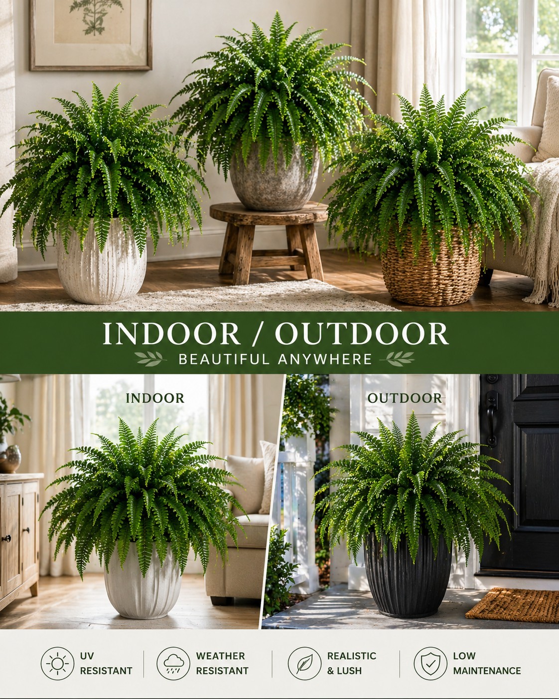 Nearly Natural 6051S2 Boston Fern Houseplant – Green (2 Piece)