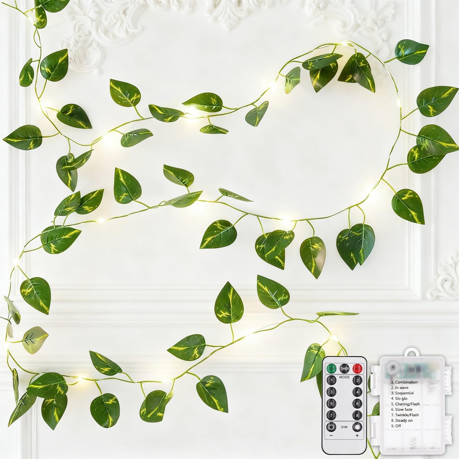 33FT Vine Fairy Lights Battery Operated 100 LED Pothos Leaf Warm White
