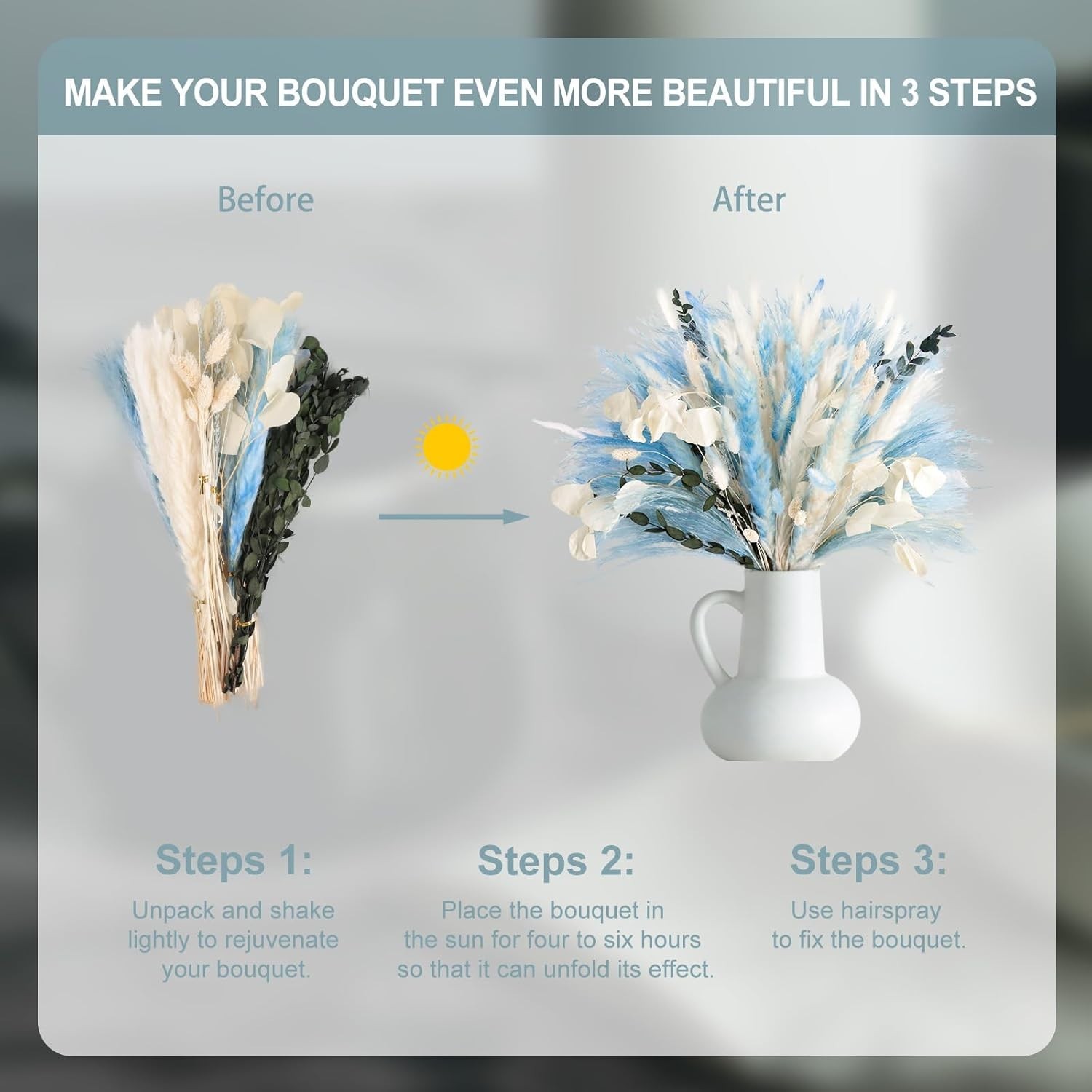Pampas Grass Decor 101pcs Blue Dried Flowers Boho Indoor Wedding Beach Theme DIY