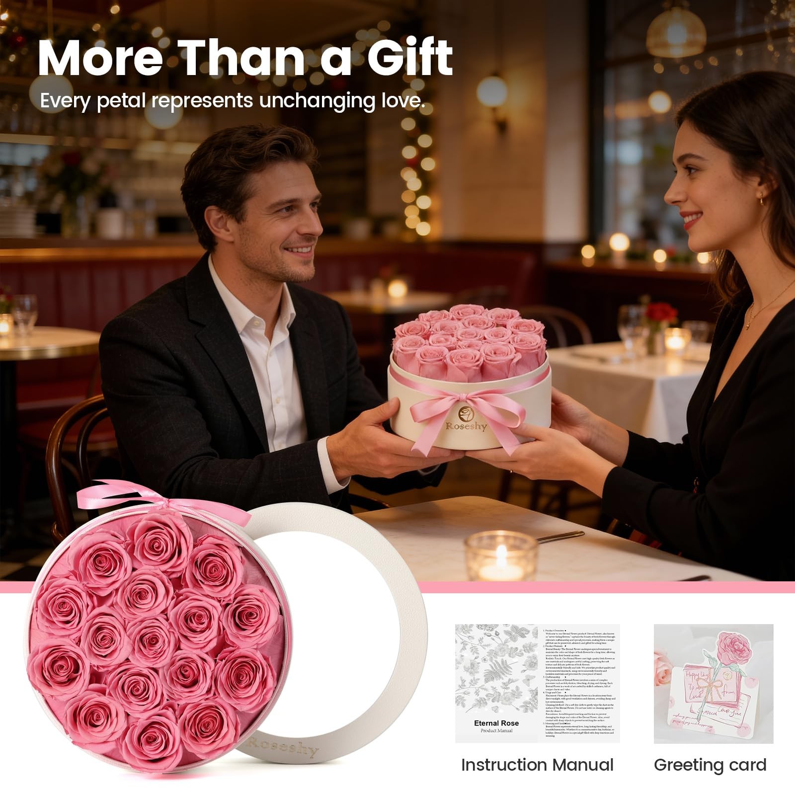 16 PCS Pink Forever Preserved Roses in Round Gift Box Mothers Day Women