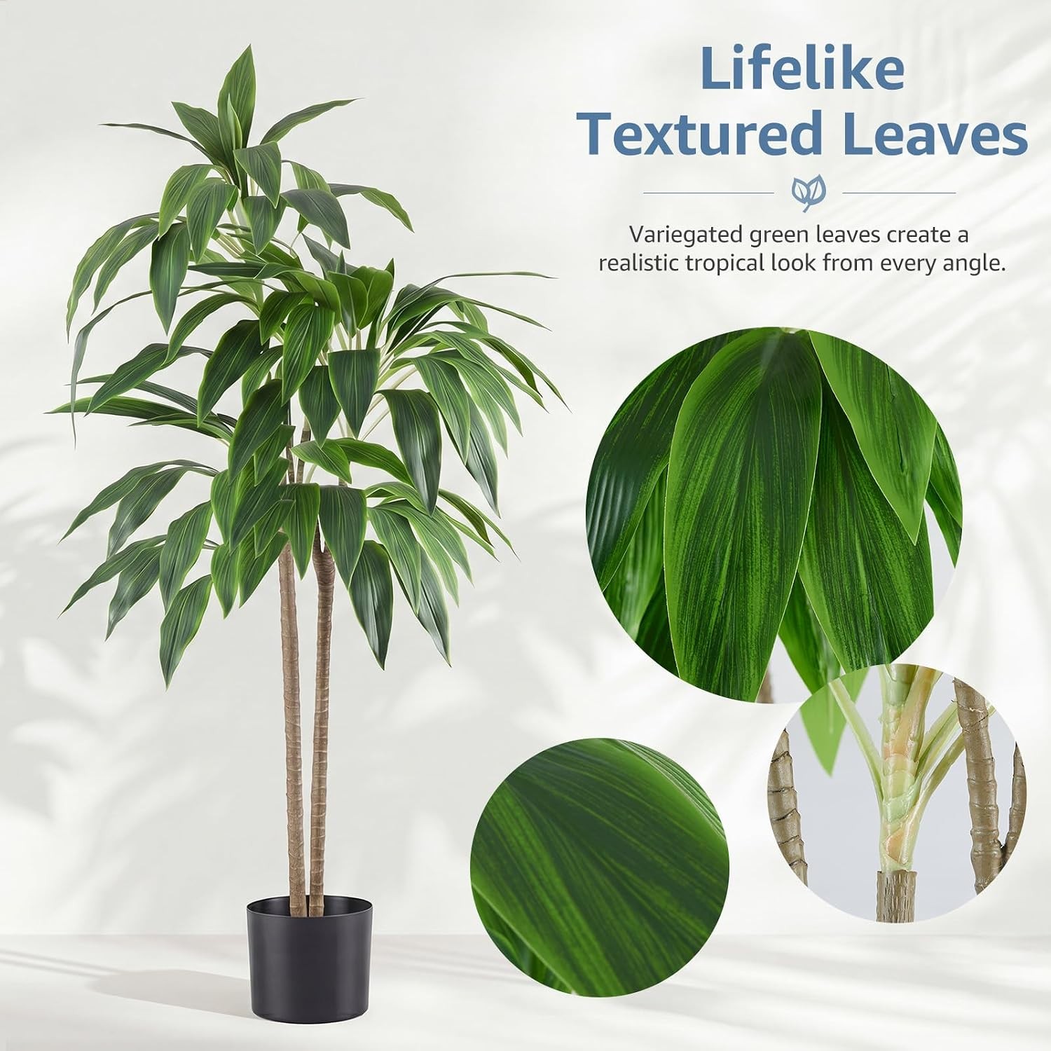 Artificial Realistic Faux Floor Plant with Lifelike Leaves in Black Planter Pot