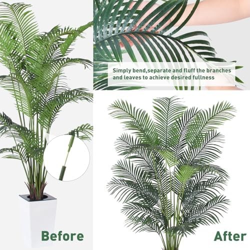 Artificial Palm Tree with White Tall Planter, 7ft Tall Potted Artificial Silk…