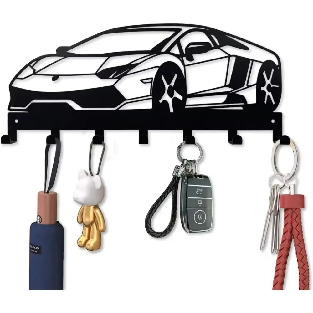 Black 7-Hook Metal Key Holder – Wall Mounted Entryway Car Key Organizer