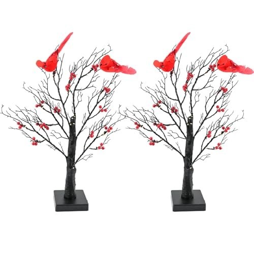 Set of 2 Vintage Glowing Trees with Cardinals, Dual Power USB/Battery Operate…