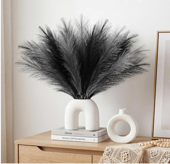 30Pcs Black Gray Pampas Grass Decor, 22” Fluffy Faux Pampas Grass Branches for