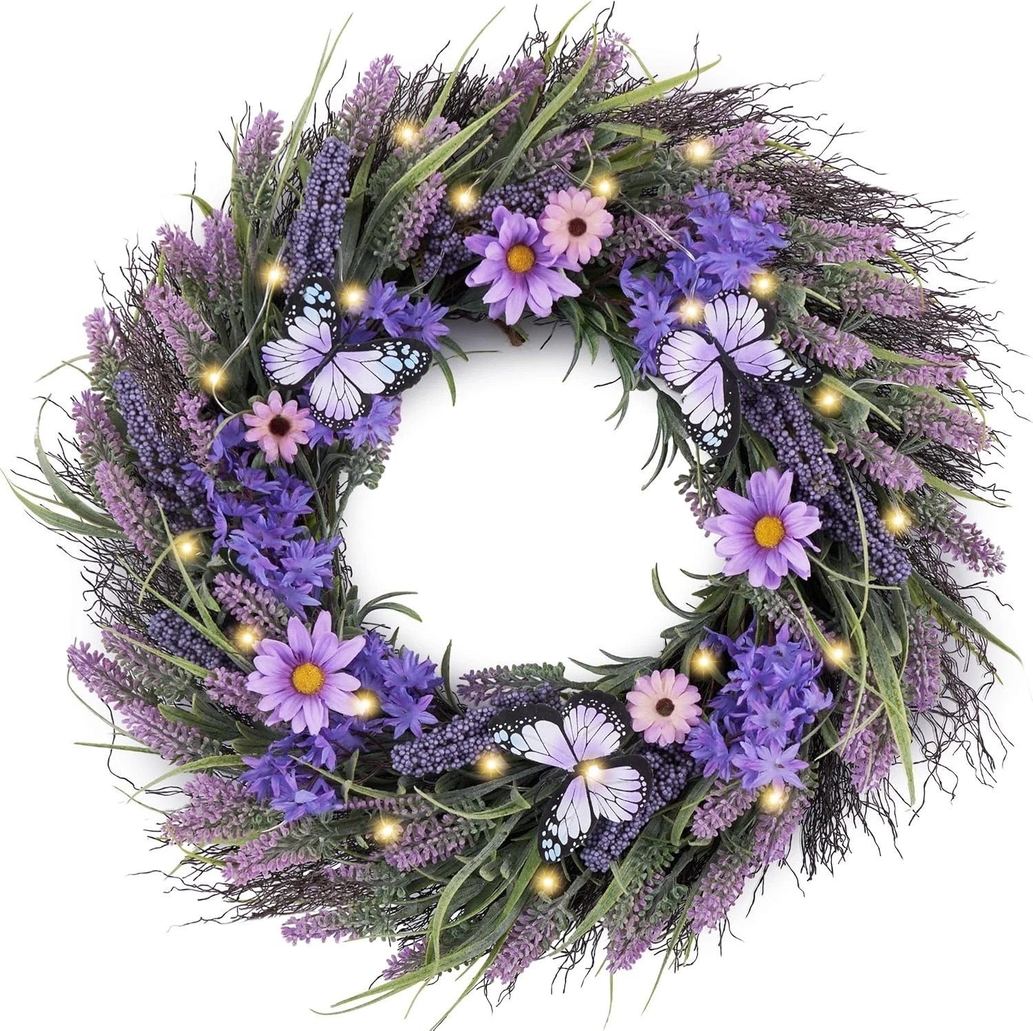 Spring Summer 24” Wreath with Warm LED Lights & Realistic Butterfly Accents