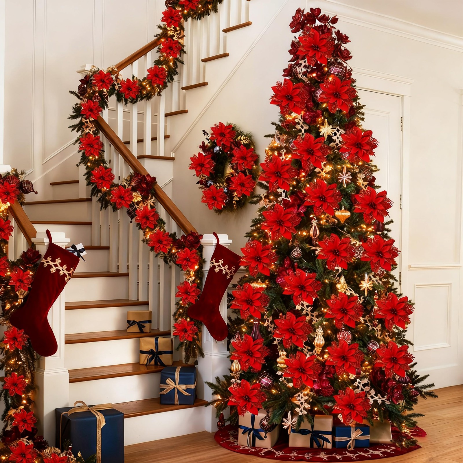 24 PCS Christmas Artificial Poinsettia Flowers 5.9 Inch Glitter Clips Red