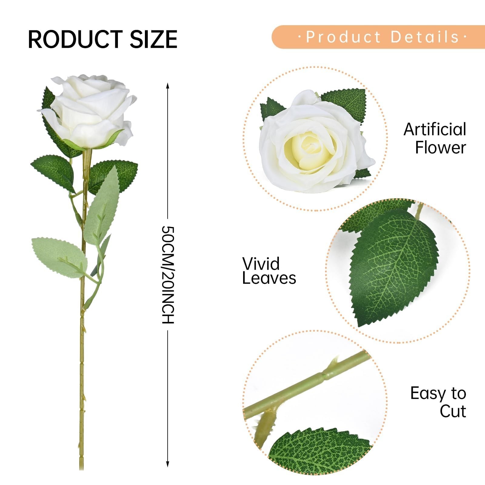 Umisu 200 Milky White Fake Silk Roses 3.7in Velvet Heads 50cm Stems