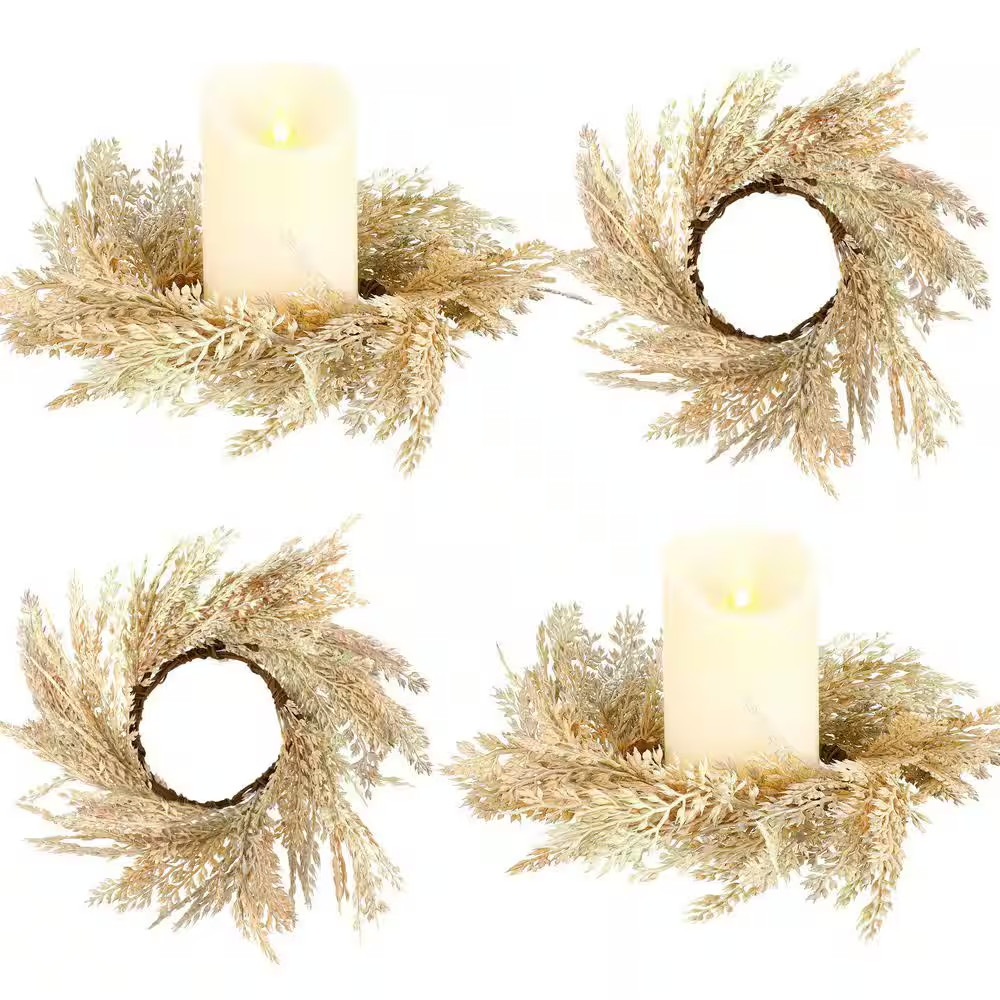 2.36 in Beige Artificial Plant Pampas Grass Candle Ring Wreath 4 Pcs Faux Boho T