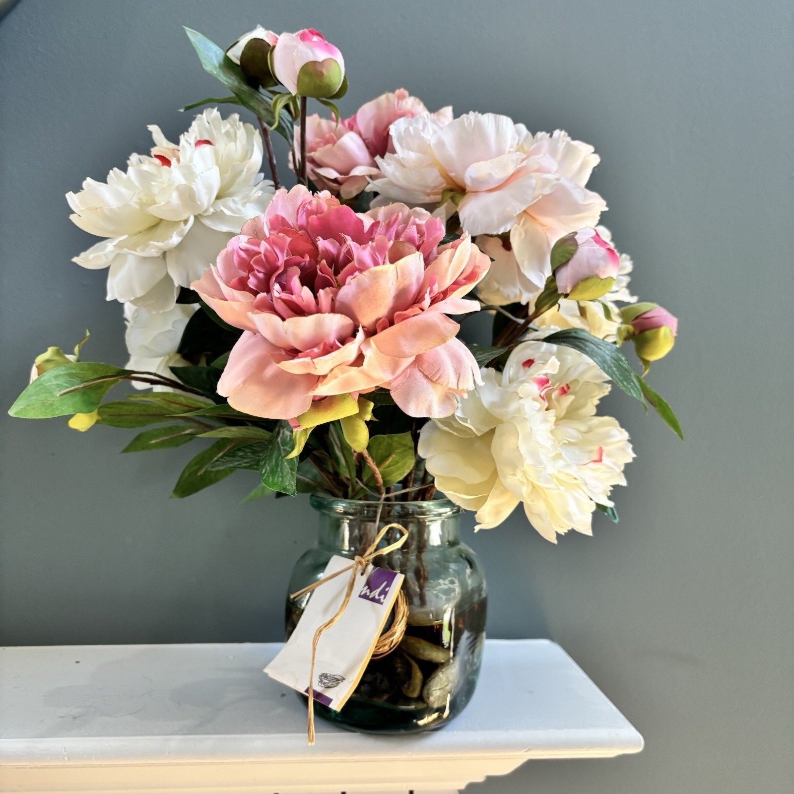 NDI Pink Fuschia Peonies Artificial Flower Arrangement Glass Vase Robbins Nest