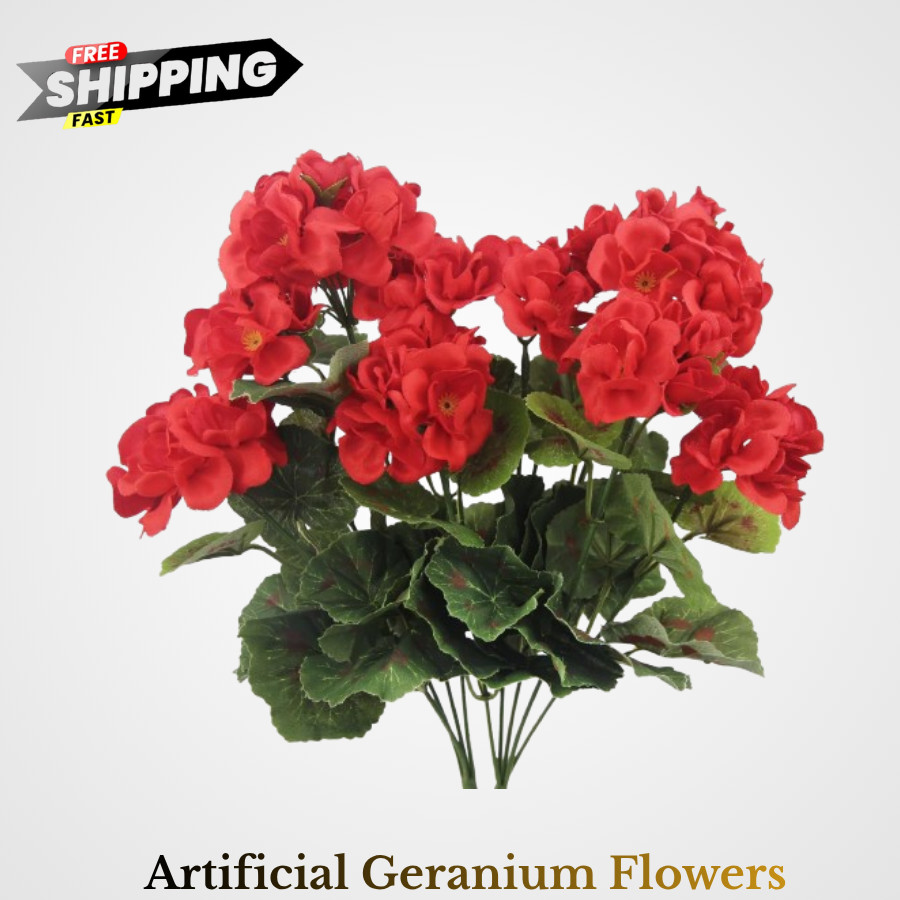 2 Pcs Artificial Geraniums Silk Flowers Outdoor Artificial Red Geranium Bush Fa