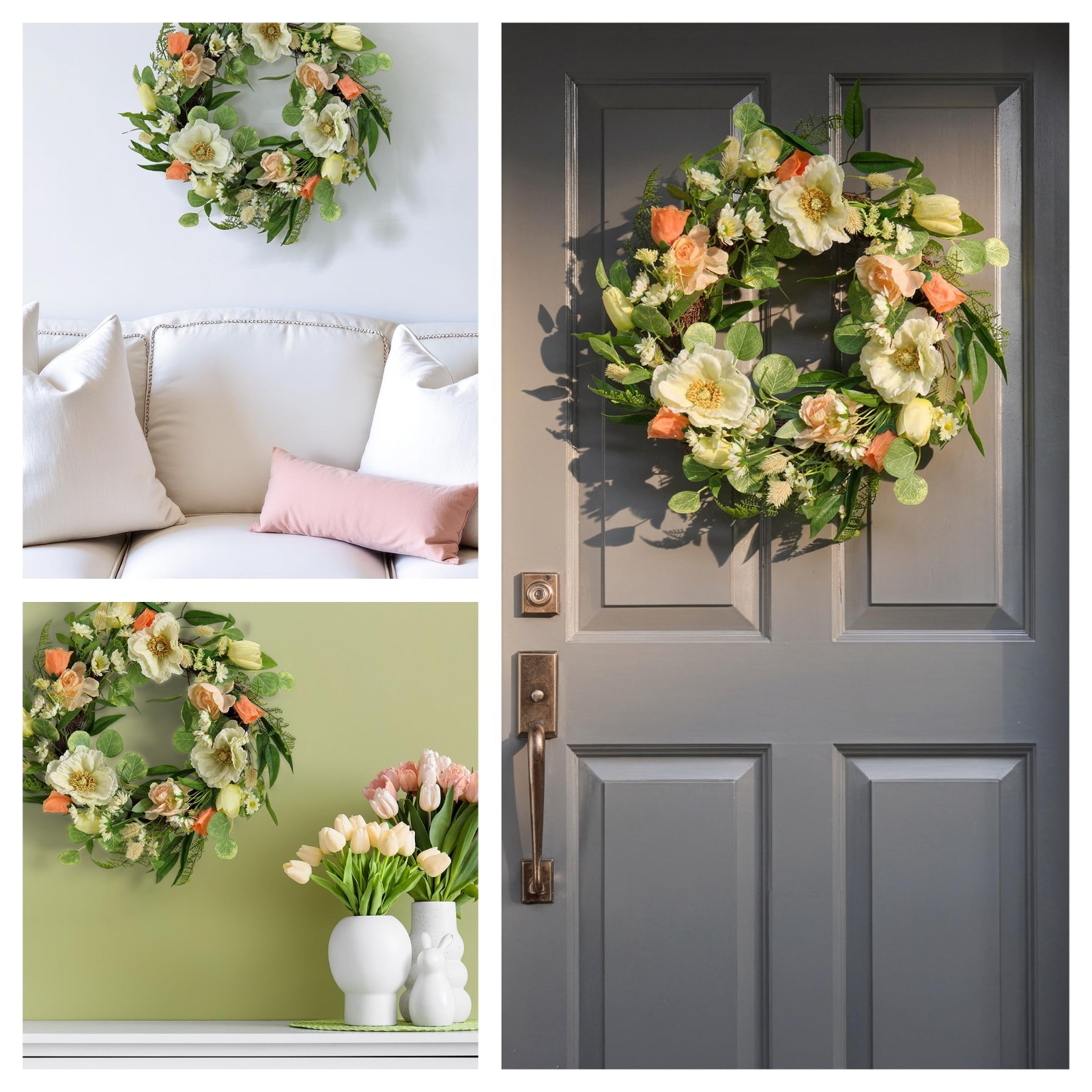 22″ Artificial Spring Wreath with Tulip, Poppy & Buttercup – Realistic Floral De
