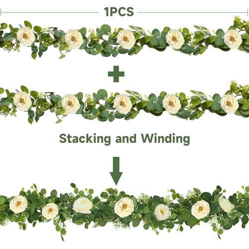 4 Packs 24FT Artificial Eucalyptus Flower Garland with White Camellias, Faux