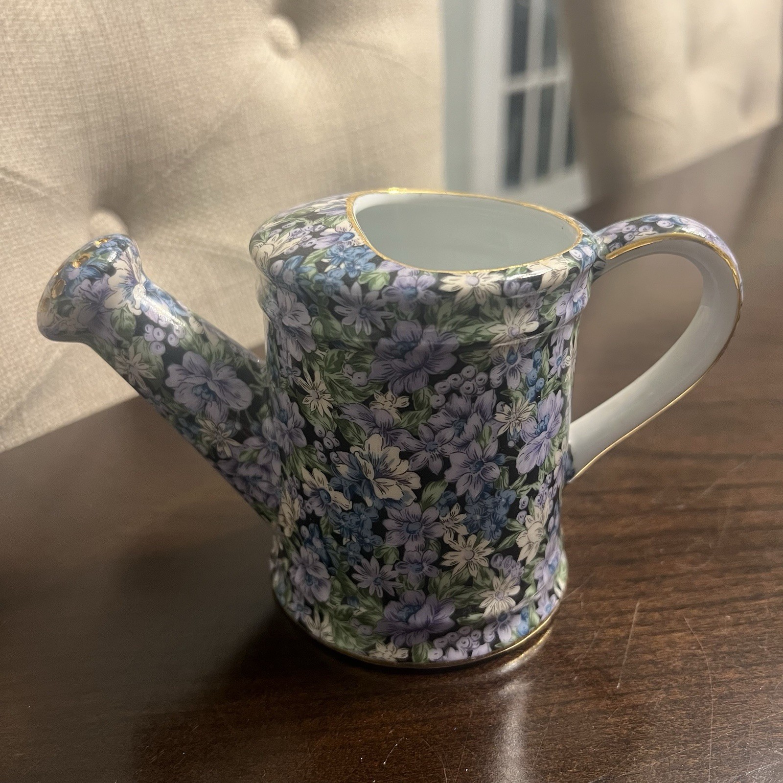 Porcelain Watering Can Two’s Company Mollie Blue Purple Chintz Floral Gold 4”
