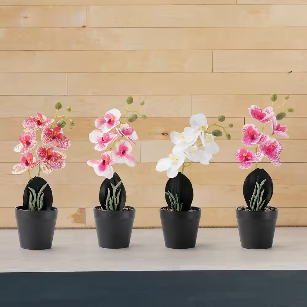 11 In. 4-Pieces Multi-Color Indoor Artificial Phalaenopsis Flower in Black Pot