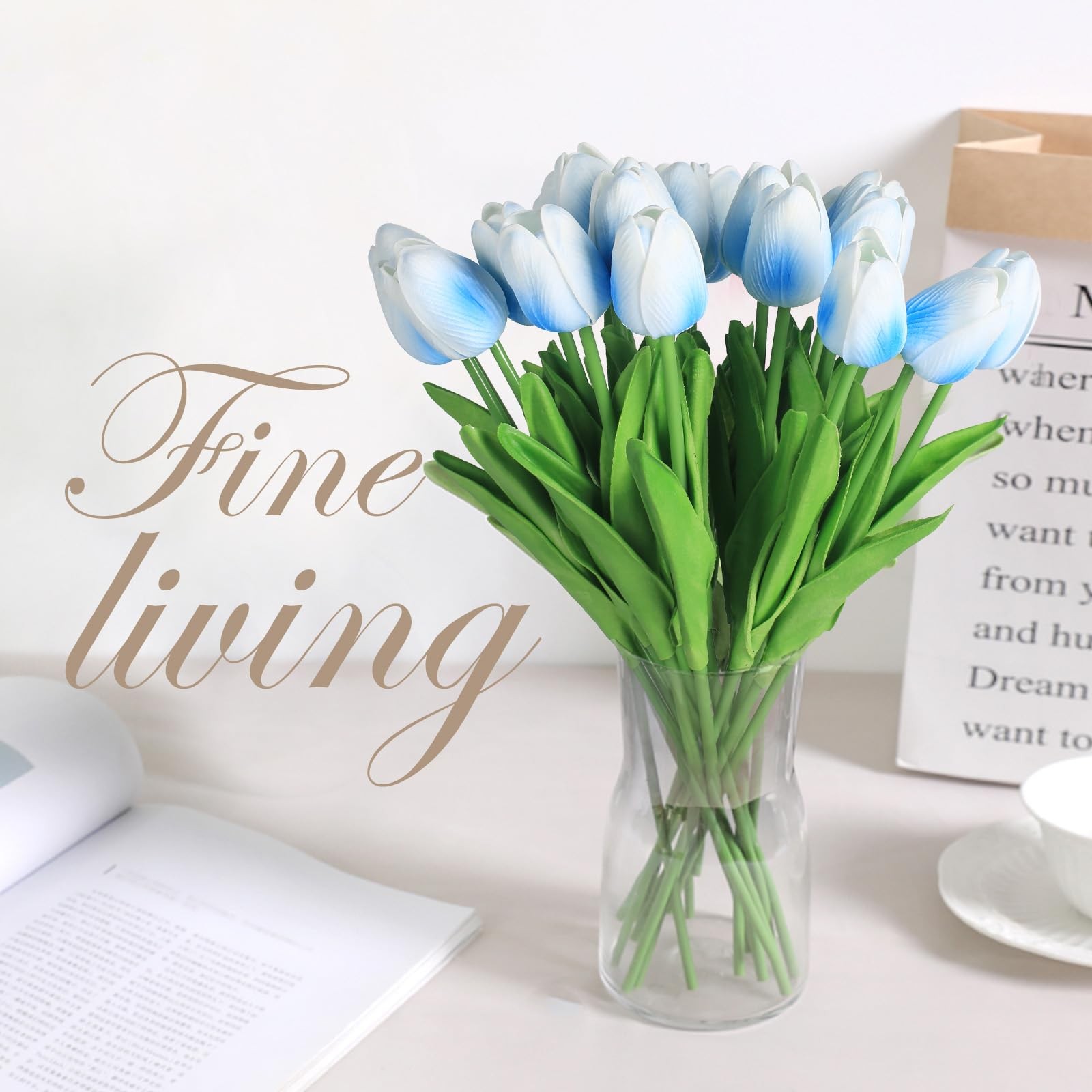 20 Pcs 13” Real Touch Light-Blue Tulips Artificial Flowers, Latex PU Fake Fau…