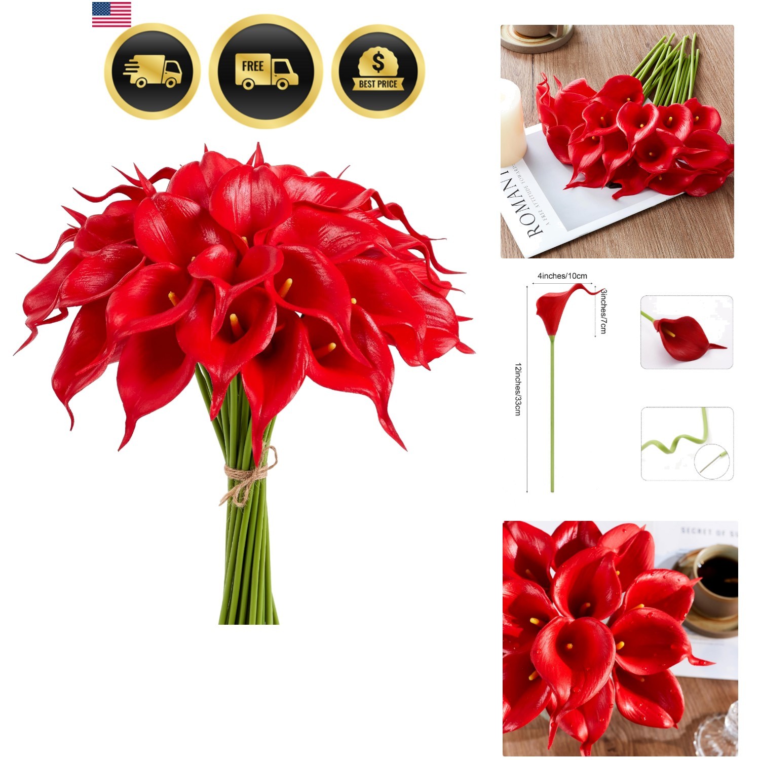 Artificial Calla Lily 12Pcs Red Real Touch Faux Flowers for Wedding Bouquet |…