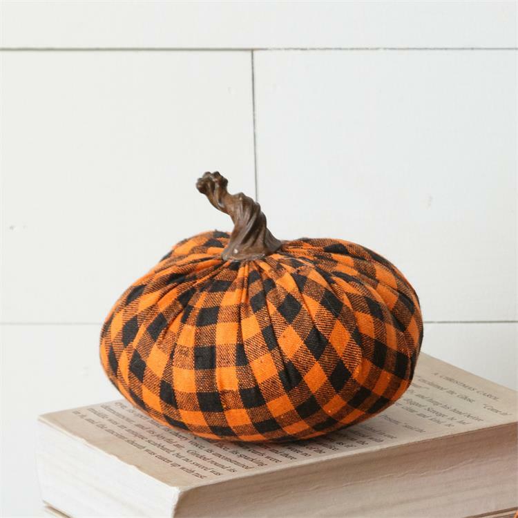 New Primitive Farmhouse FALL BLACK ORANGE CHECK FABRIC PUMPKIN Bowl Filler
