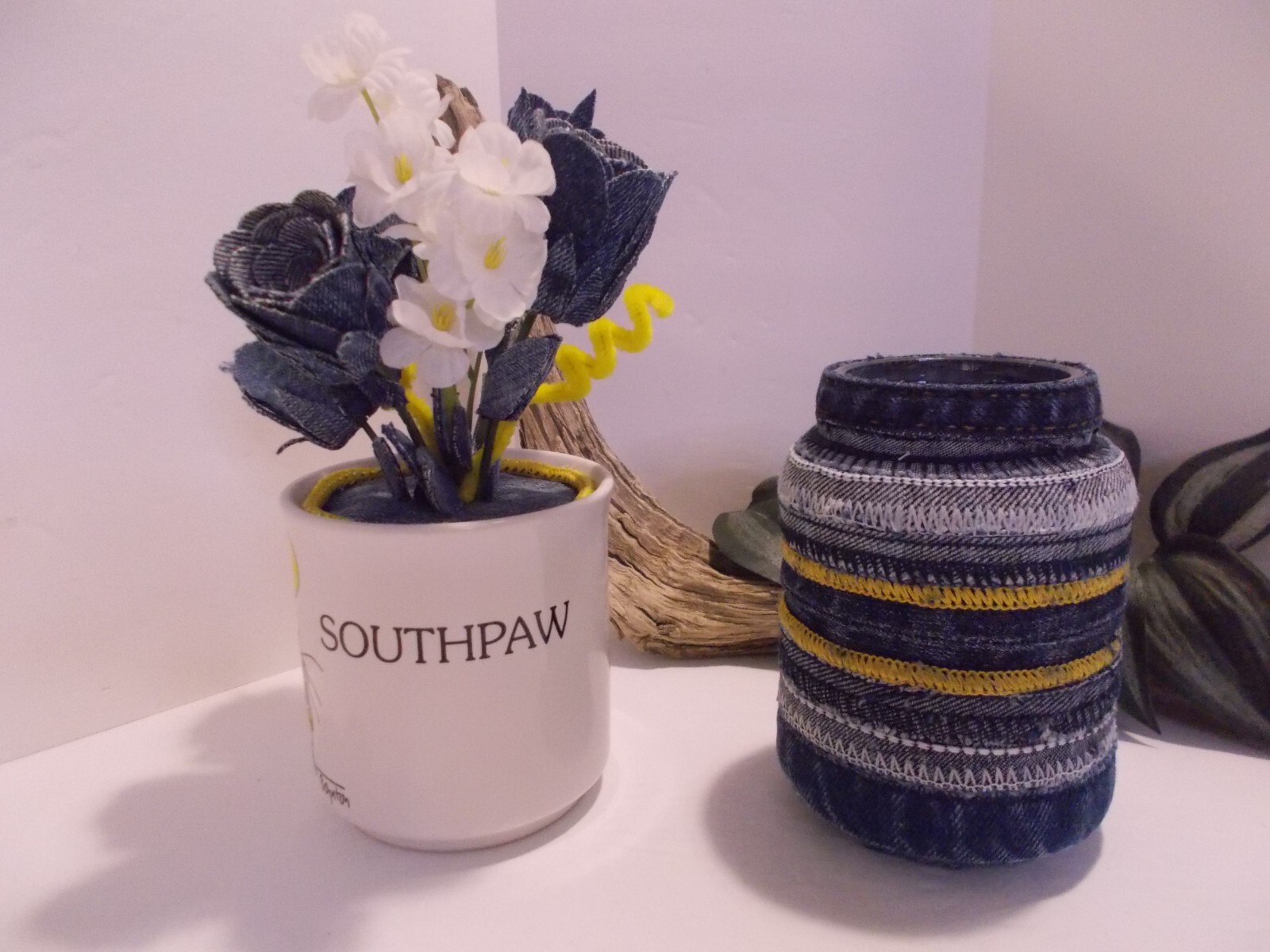 Southpaw Comics Coffee Mug w Handmade Denim Roses and Denim Seams Jar Vase