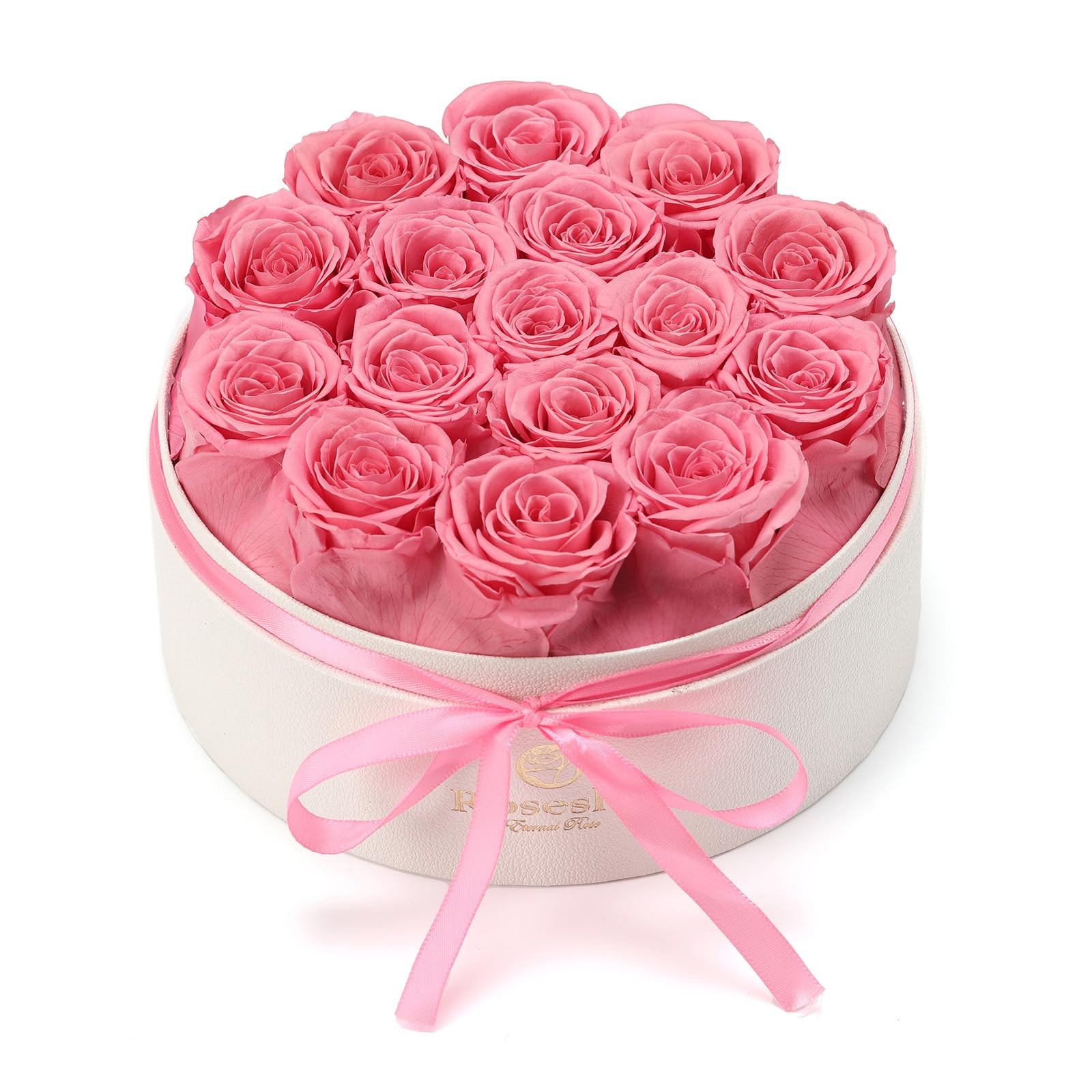 16 PCS Pink Forever Preserved Roses in Round Gift Box Mothers Day Women