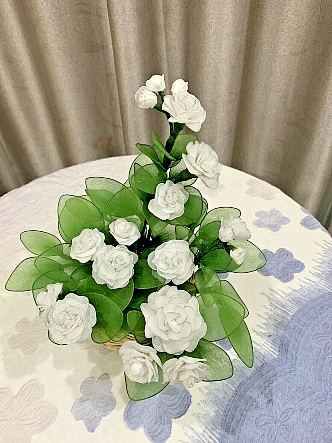 1Set Jasmine Flower & Rattan Vase Thai Cherry Nylon Fabric Artificial Handmade
