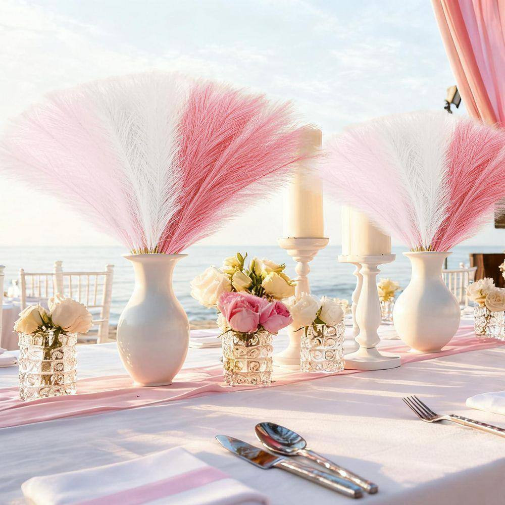 0.2 In. 30-Pieces Pink White Artificial Plant Faux Pampas Grass Silk Paper Iron