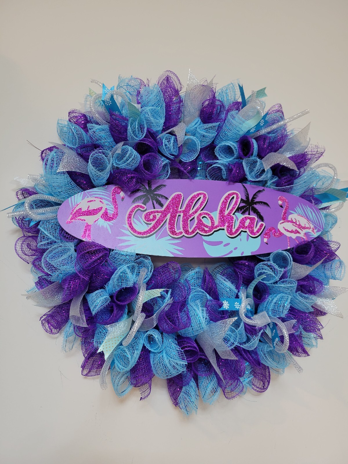 ALOHA Summer Spring Mesh Front Door Wreath Wall Decor BRIGHT Purple Pink Blue