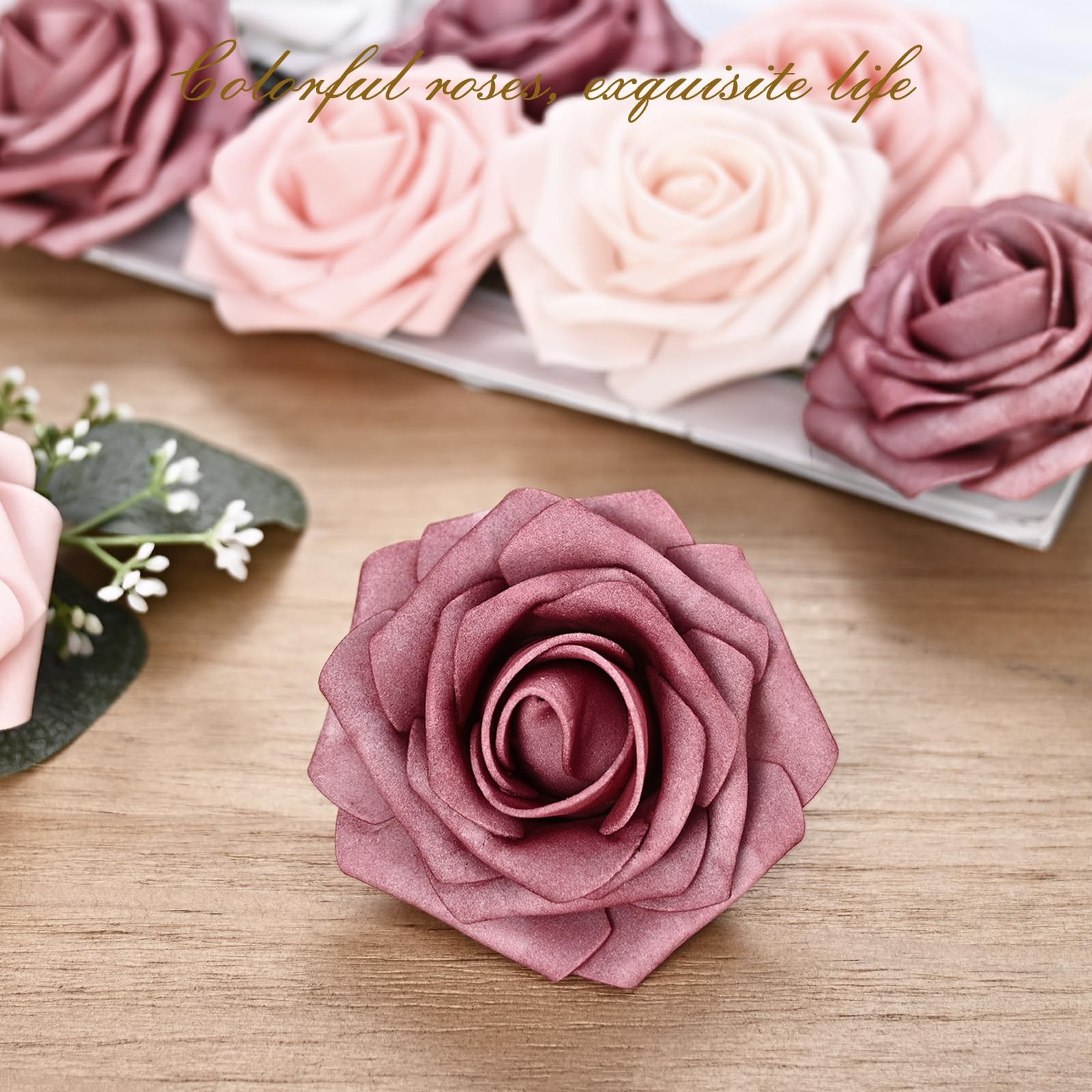 BLEUM CADE 36Pcs Artificial Flowers Fake Roses with Stems, Gradient Dusty Rose