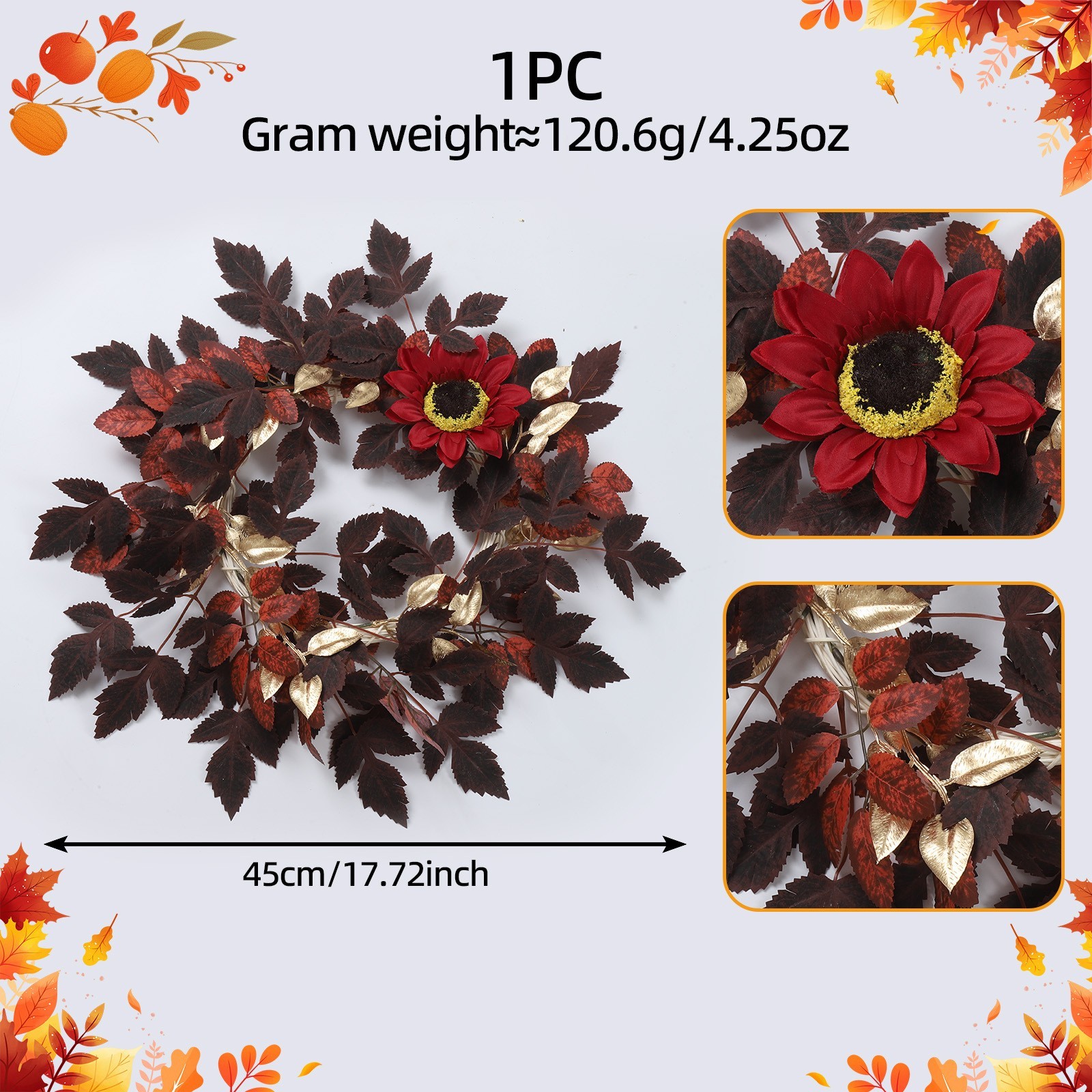 18in Artificial Wreath with Red Sunflowers Burgundy Leaves for Seasonal Use