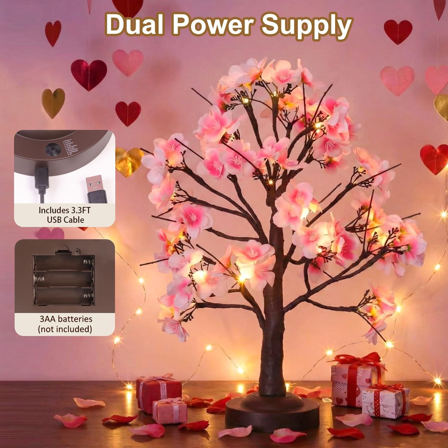 18 Inch Cherry Blossom Tree Timer Warm White Bonsai USB Battery Powered