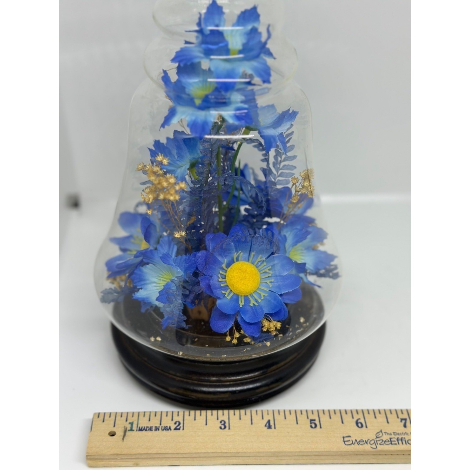 VTG Floral Arrangement Under Glass Cloche Dome Blue Faux Flowers Wood Base Decor