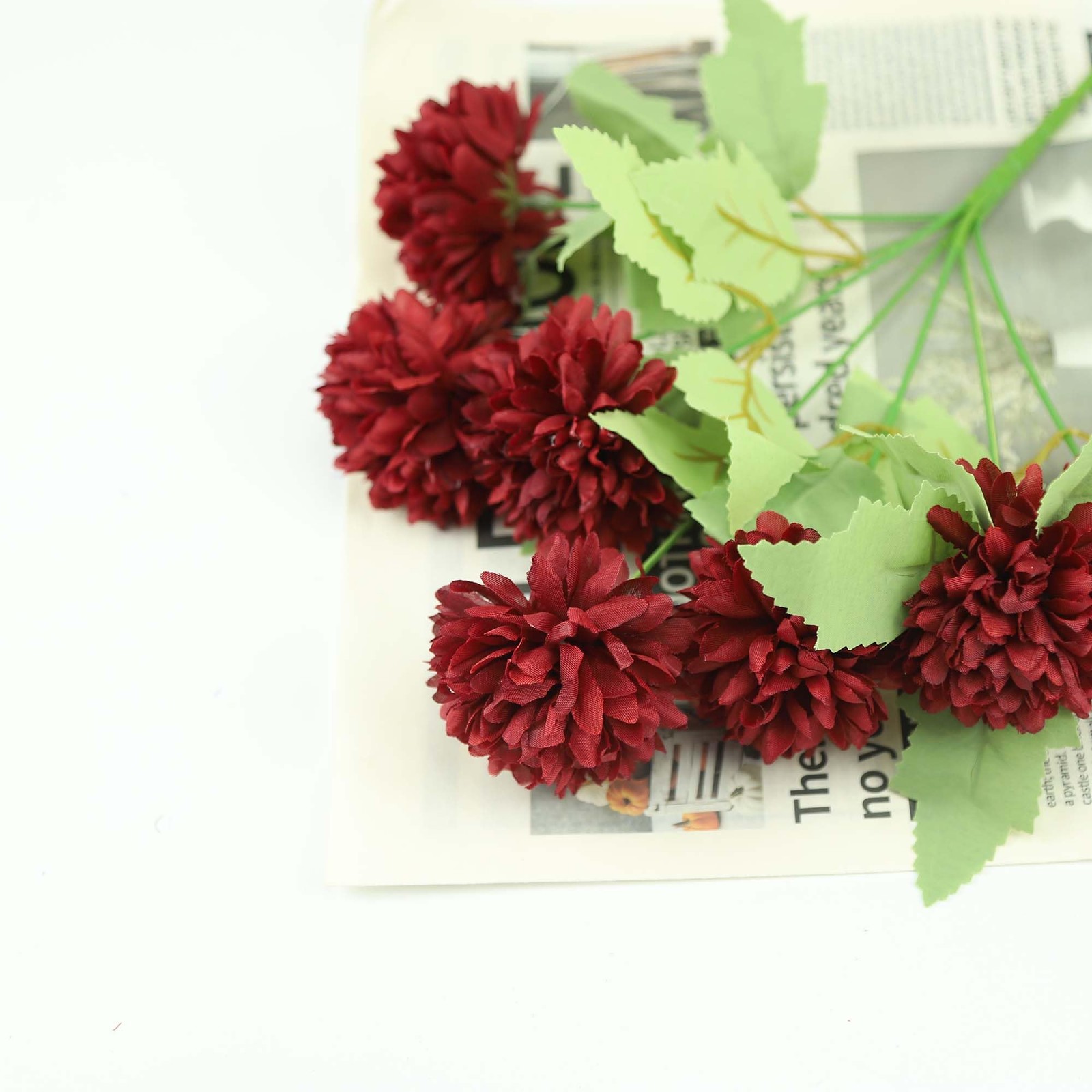 6 PCS Burgundy Artificial Silk Flowers Ball Chrysanthemum Bouquet Imitation