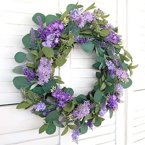 18”Artificial Flower Eucalyptus Leaves Wreath Rustic Farmhouse Purple