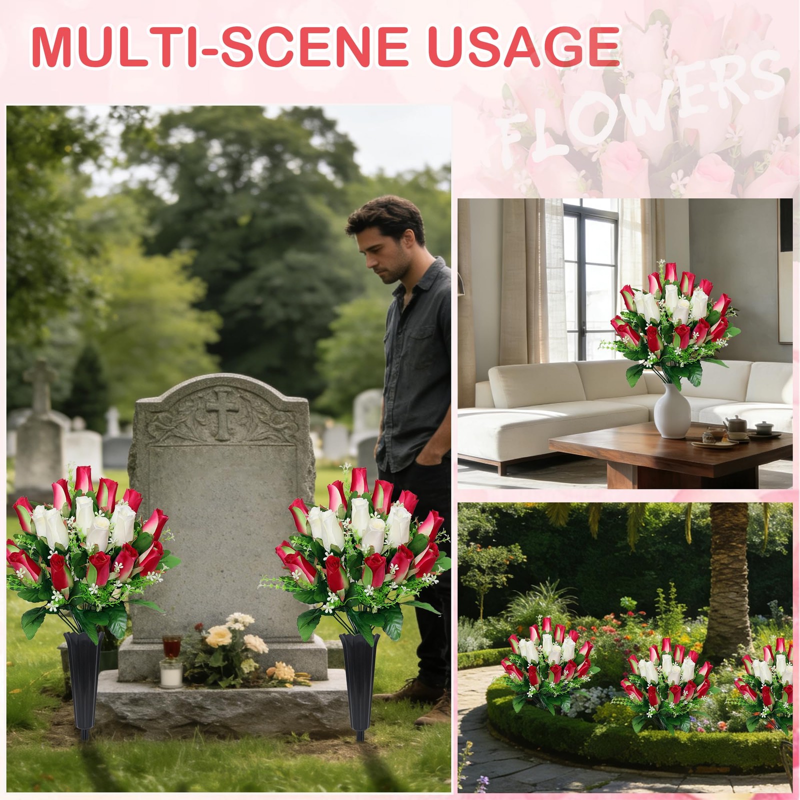 2 Sets Artificial Cemetery Flowers with Vase – Memorial Flowers Bouquet & Hea…