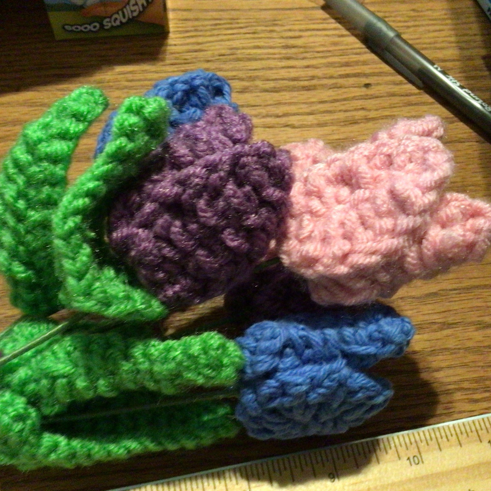 Crochet Flowers Bouquet, Pink, purple, blue, & green with wire stems