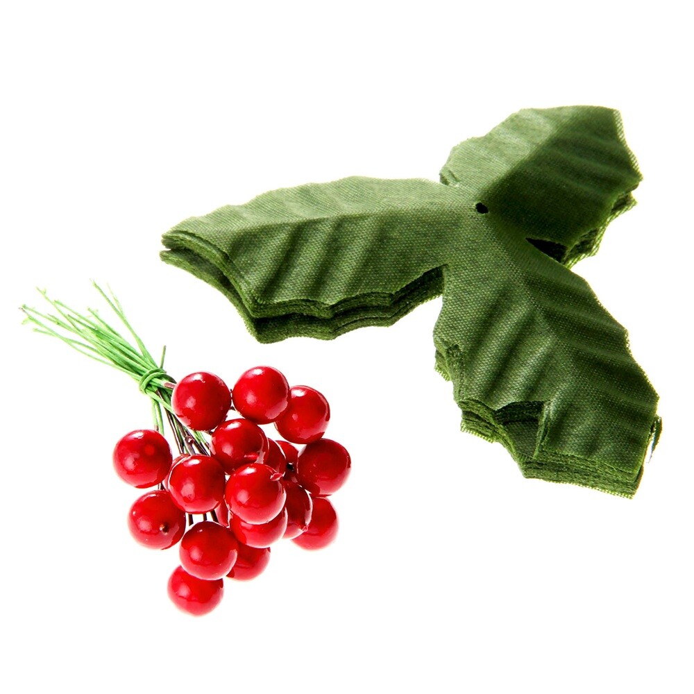 50pcs Dark Red Holly Berries + 50pcs Green Artifical Leaves 2 in 1 Home Decor