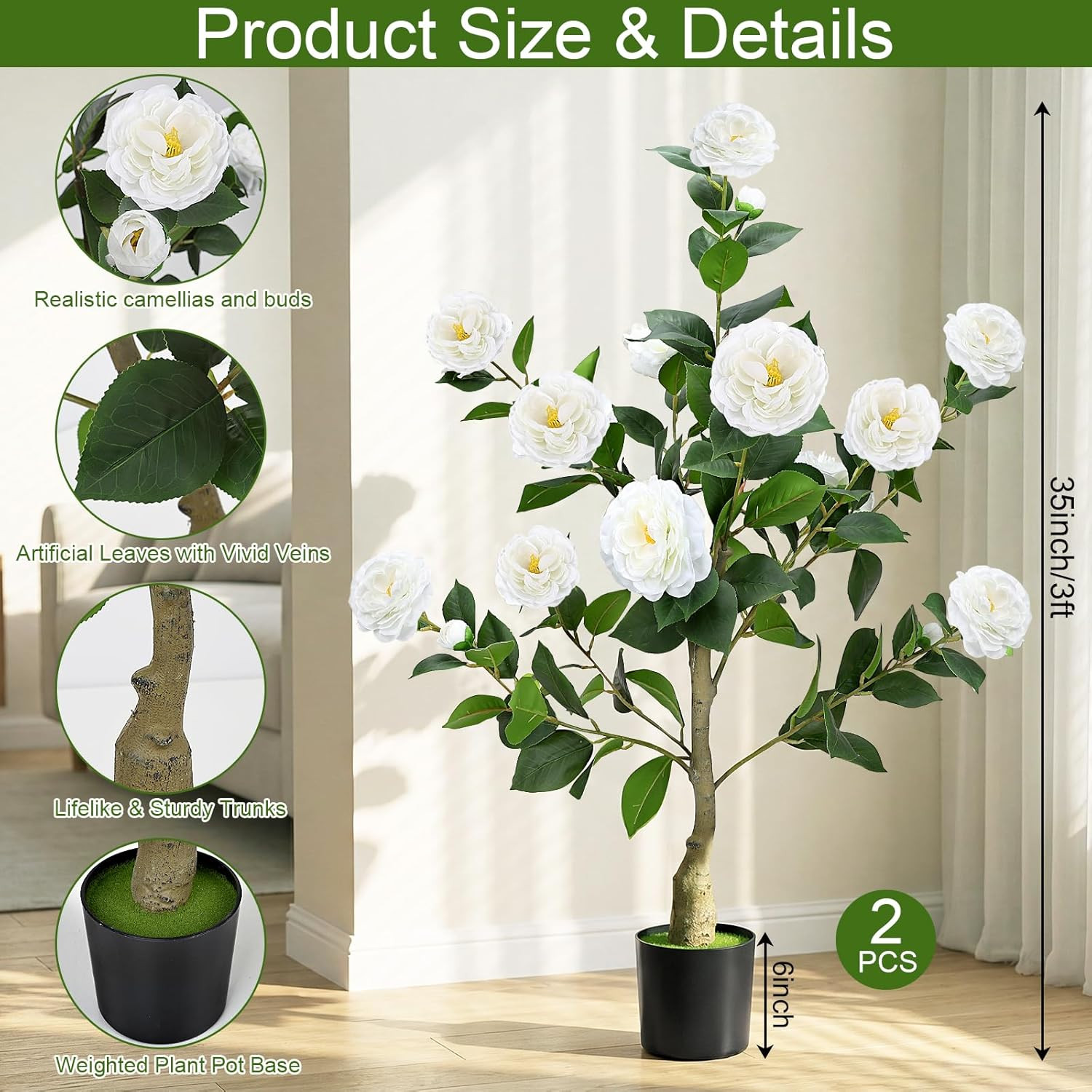 2 Pack 3FT UV Resistant Artificial Camellia Trees for Home & Patio Decor
