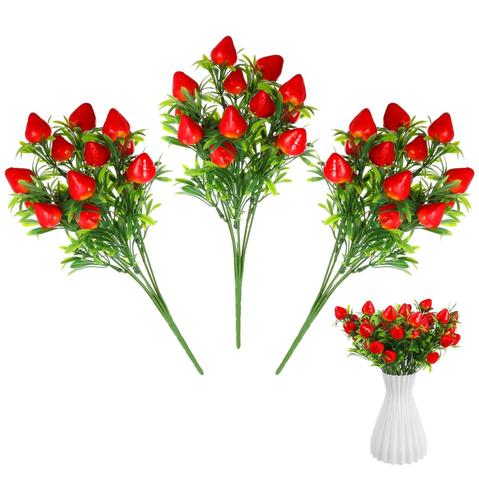 Artificial Strawberry Bunch Bouquet Fake Decor Branch 10.6 Inch Plants 3 PCS