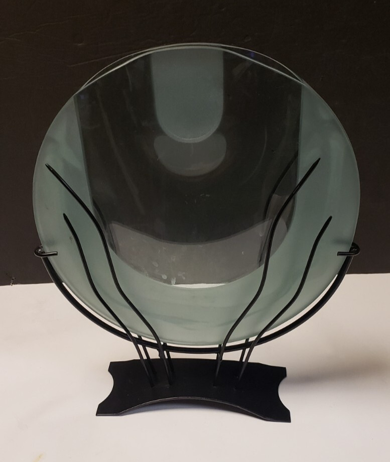 Vintage Clear Art Glass Flower Vase with Black Metal Stand – Decorative Vase