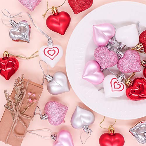 Valentine’s Day Decor Heart Decorations, 48 Pcs Red Pink Silver White Plastic