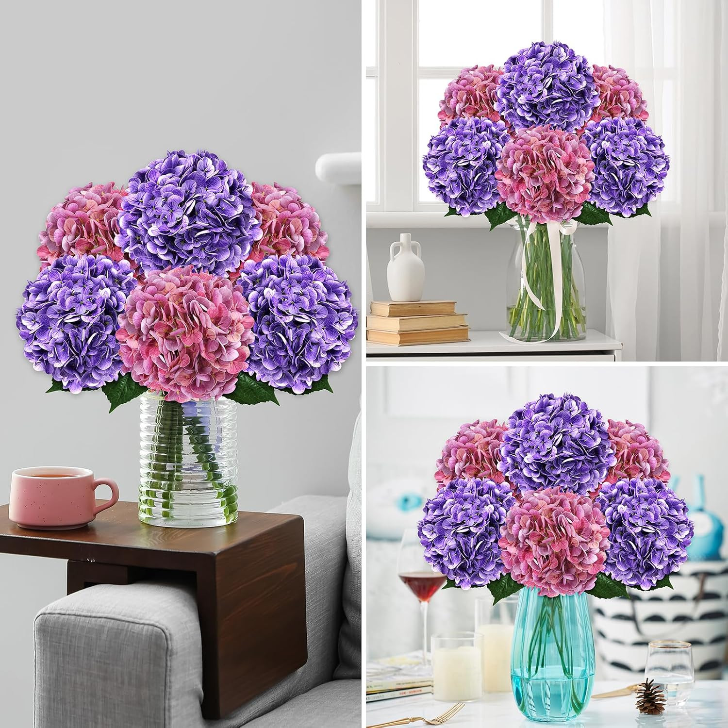 8Pcs Purple Magenta Artificial Hydrangea Flowers for Home Wedding Decor