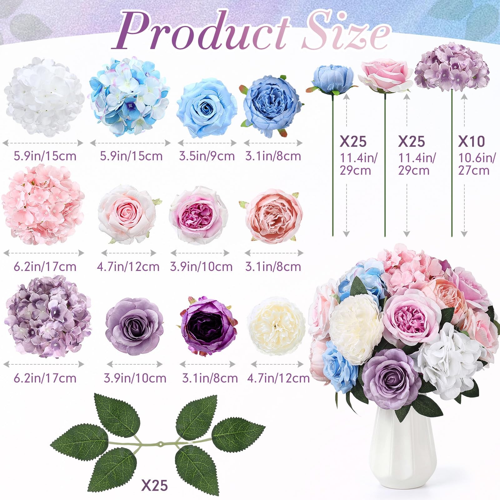 60 Pcs Assorted Silk Artificial Flowers, Faux Fake Full Hydrangea Peony Rose …